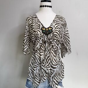 Vintage Y2K Sheer Zebra Print Embellished Top Layered  Fairy Grunge M NWT